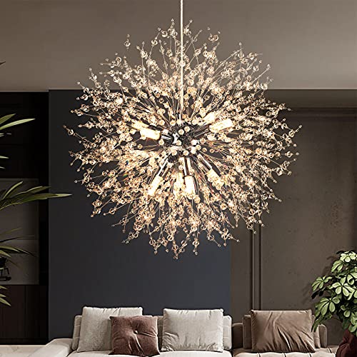 Modern Crystal Chandeliers Firework, Semi Flush Mount Ceiling Light Fixtures, 8-Light Chrome Dandelion Chandelier, Stainless Steel Pendant Light for Bedroom Foyer Hallway Entryway Kitchen, G9 Socket