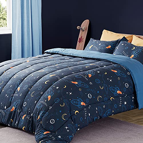 SLEEP ZONE Kids Full/Queen Size - 7 Pieces Super Cute & Soft Bedding Sets & Collections Including Comforter, Sheet, Pillowcase & Sham - Fade Resistant Easy Care (Space Rocket)