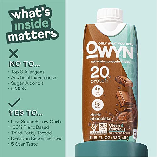 OWYN 20g Protein Shake, Chia Flax and Pea vegan protein blend with Prebiotics, Superfood Greens, gluten free, soy free. (Dark Chocolate, 12 Pack)