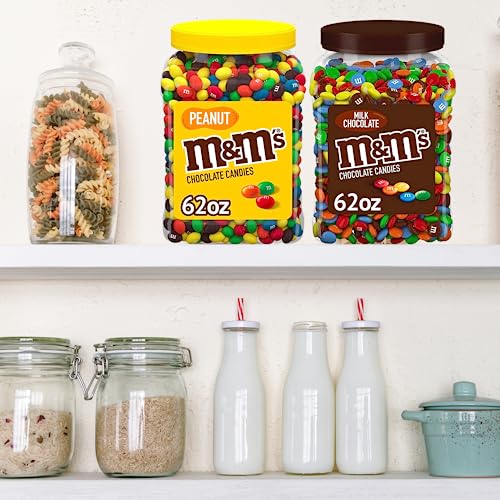 M&M's Chocolate Peanut Jar and M&M's Milk Chocolate Jar - 62oz each (Pack of 2) - Candy Bulk Plastic Jar - Pantry Size - By World Group Packing Solutions