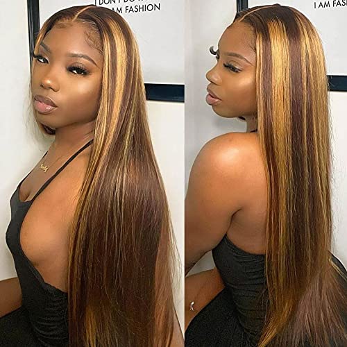 Healthair Highlight 13x4 HD 4/27 Honey Blonde lace frontal Wigs with Baby Hair Ombre Lace Front Wig Human Hair Pre Plucked 180% Density Colored Straight Lace Front Wigs for Black Women 20 Inch