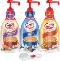 Coffee mate Liquid Concentrate 1.5 Liter Pump Bottles, 3 Flavors Sweetened Original, French Vanilla & Hazelnut (Pack of 3) with By The Cup Coffee Scoop