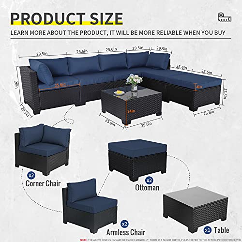 Lviden 7 Pieces Outdoor PE Wicker Furniture Set Patio Rattan Sectional Conversation Sofa Set with Navy Blue Cushions and Glass Top Table