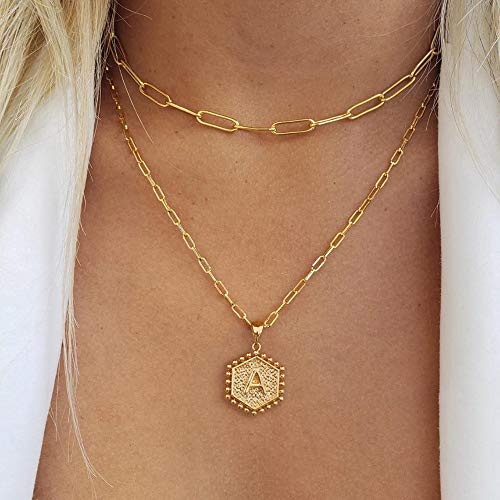 MMOOHAM Dainty Gold Initial Hexagon Necklace - Layered Choker for Women and Teen Girls