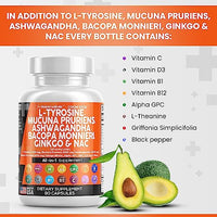 L-Tyrosine 1000mg Mucuna Pruriens 6000mg Bacopa Monnieri 500mg Ashwagandha 4000mg Focus Supplement with N-Acetyl Cysteine 600mg NAC 5-HTP Ginkgo Biloba Alpha GPC L Theanine Vitamin C D B1 B12 USA Made