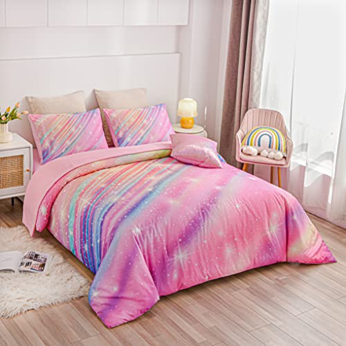 Btargot Super Soft 6 Pieces Gradient Star Ring Comforter Set, Colorful Glitter Rainbow Star Pattern Bedding Set for Boys Girls Teens,Twin Pink