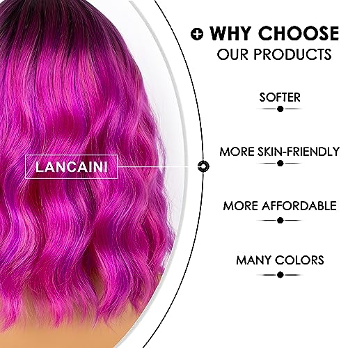 LANCAINI Colourful Short Bob Wigs with Bangs for Women Loose Wavy Wig Curly Wavy Shoulder Length Bob Synthetic Cosplay Wig for Girl Colorful Costume Wigs, Black-Rose mixed Purple