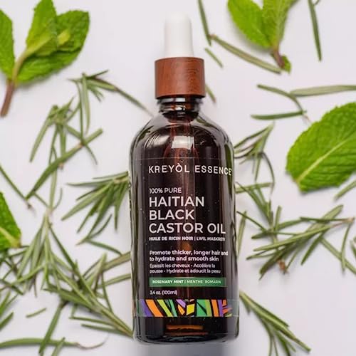 Kreyol Essence - Rosemary Peppermint Haitian Black Castor Oil for Skin and Hair, 3.4 Oz Glass Bottle -, Natural Humectant, Hair Growth.