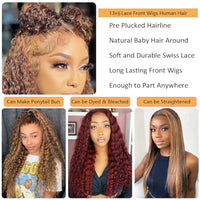 13x6 Highlight Ombre Lace Front Wigs Human Hair 200% Density Curly Wave Honey Blonde 4/27 HD Lace Frontal Wig for Black Women 26 Inch Deep Wave Lace Front Human Hair Wig Pre Plucked with Baby Hair