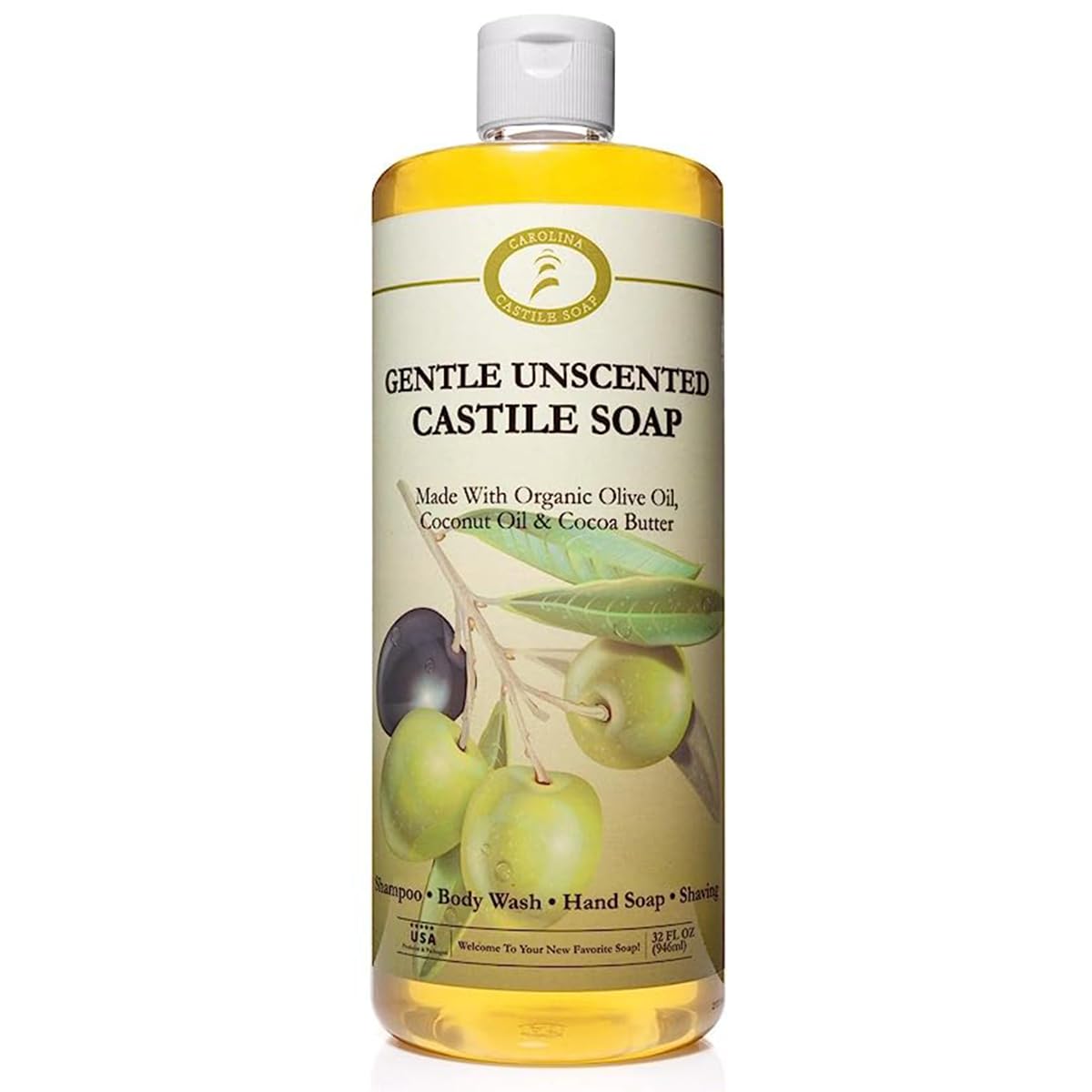 Carolina Castile Soap Unscented Castile Soap Liquid - 32 oz Vegan & Pure Organic Soap Concentrated Non Drying All Natural Formula Good for Sensitive Skin (32 Ounces)