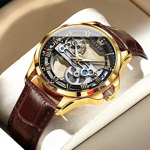 OLEVS Skeleton Watches for Men Automatic Self Winding Mechanical Luxury Dress Brown Leather Waterproof Luminous Men Wrist Watch