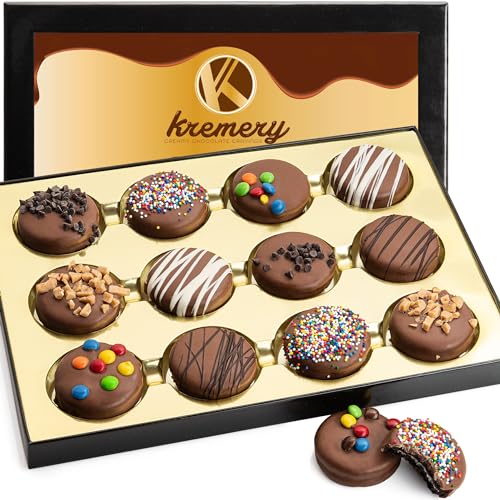 Kremery - Milk Chocolate Covered Sandwich Cookies Gift Basket (12 Count) Assorted Candy Toppings - Birthday Care Package - Kosher Dairy USA Made