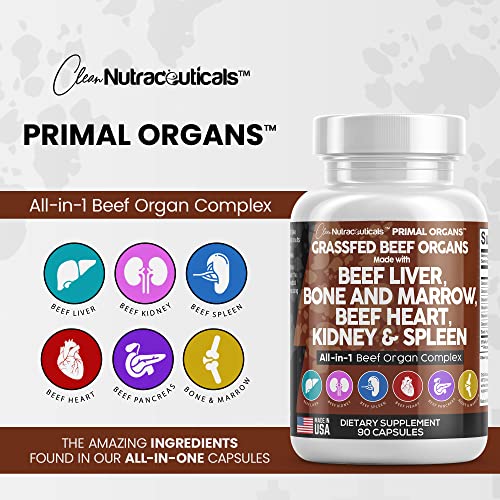 Grass Fed Beef Liver Capsules 3000mg - Premium Quality Beef Organs Supplement Packed with Desiccated Beef Liver, Beef Heart, Beef Spleen, Beef Pancreas Plus Bone and Marrow Dao Enzyme Pills - USA Made