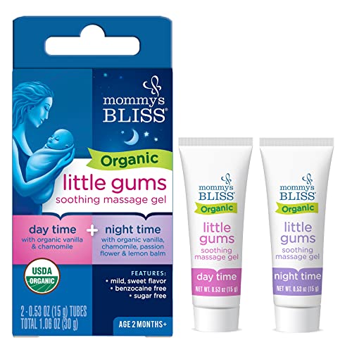 Mommy's Bliss Organic Little Gums Soothing Massage Gel Day and Night Combo, Great for Teething Babies, Age 2 Months+, Sugar Free, Mild & Sweet Flavor, 2 - 0.53 Oz Tubes (Pack of 1)