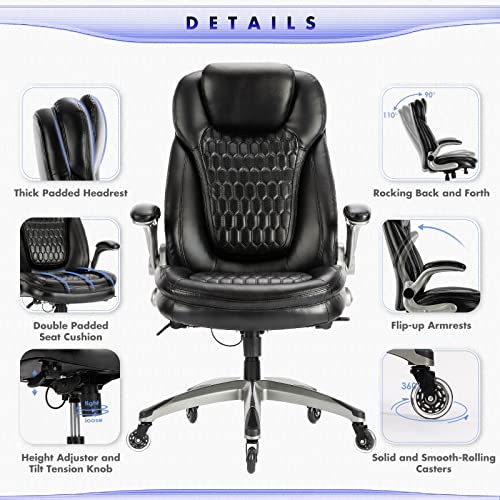 COLAMY Office Chair-Ergonomic Computer Desk Chair with Thick Seat for Comfort, High Back Executive Chair with Padded Flip-up Arms, Stylish Leather Chair with Upgraded Caster for Swivel (Black, 300lbs)