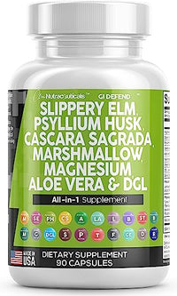 Slippery Elm 5000mg Psyllium Husk 2000mg Pre Probiotic Digestive Gut Health Supplement with Aloe Vera Cascara Sagrada 2000mg Marshmallow Root DGL Licorice Senna Extract Magnesium - Made in USA 90 Ct