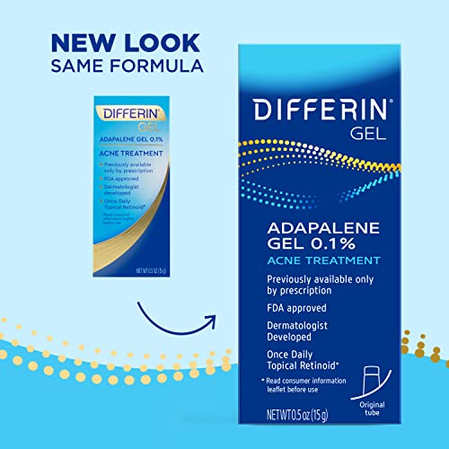 Differin Acne Treatment Gel, 30 Day Supply, Retinoid Treatment for Face with 0.1% Adapalene, Gentle Skin Care for Acne Prone Sensitive Skin, 15g Tube