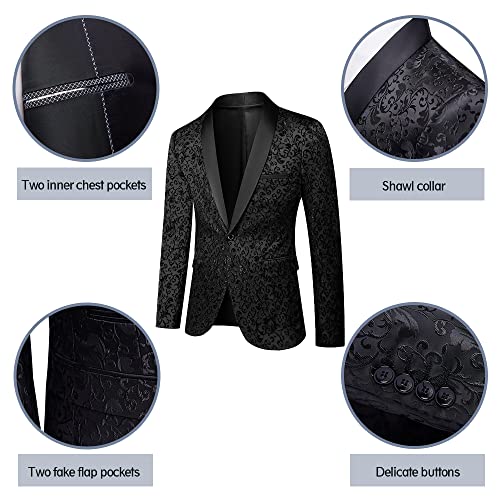 LiveZou Men's Floral Dinner Party Prom Wedding Stylish Tuxedo Coat Suit, Black-2 Piece, Large