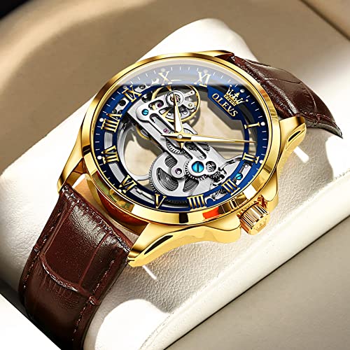 OLEVS Skeleton Watches for Men Automatic Self Winding Mechanical Luxury Dress Brown Leather Waterproof Luminous Men Wrist Watch