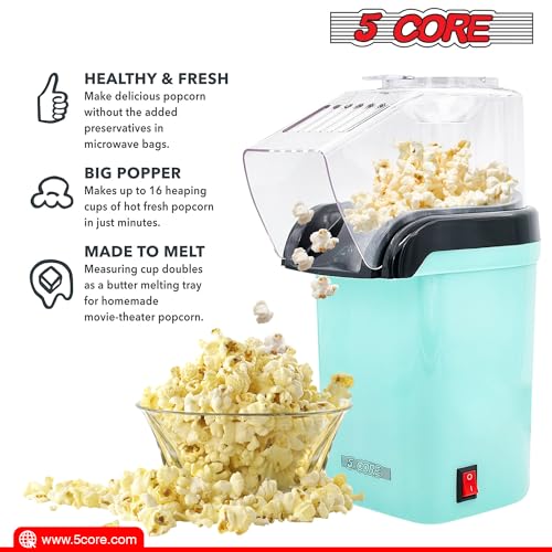5 Core Hot Air Popcorn Popper Machine 1200W Electric Popcorn Kernel Corn Maker Bpa Free, 95% Popping Rate, 2 Minutes Fast, No Oil-Healthy Snack for Kids Adults, Home, Party, Gift POP G
