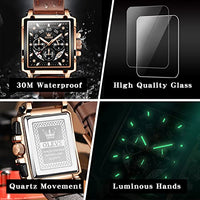 OLEVS Square Watches for Men Black Face Brown Leather Luxury Watches for Men Chronograph Fashion Business Waterproof Dress Wrist Watches