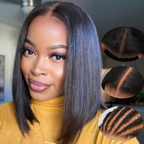 Beauty Forever Put on and Go Glueless Bob Wigs 6X4.5inch Lace Front Human Hair Wig Pre Plucked,Pre Cut Lace Straight Bob Lace Closure Wig 150% Density Natural Color 10 Inch