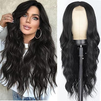 AISI QUEENS Long Black Wavy Wigs for Women Middle Part Curly Black Wig Natural Looking Synthetic Heat Resistant Fiber Wigs Hair Replacement Wigs for Daily Party Use Wig