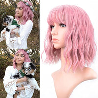 VCKOVCKO Pastel Wavy Wig With Air Bangs Women's Short Bob Purple Pink Curly Shoulder Length Bob Synthetic Daily Use Colorful Cosplay Wig for Girls (12", Purple Pink)