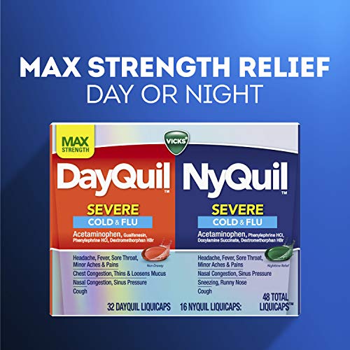 Vicks DayQuil and NyQuil SEVERE Combo, Cold & Flu Medicine, Max Strength Relief For Fever, Sore Throat, Nasal Congestion, Sinus Pressure, Stuffy Nose, Cough, 48 Count, 32 DayQuil, 16 NyQuil