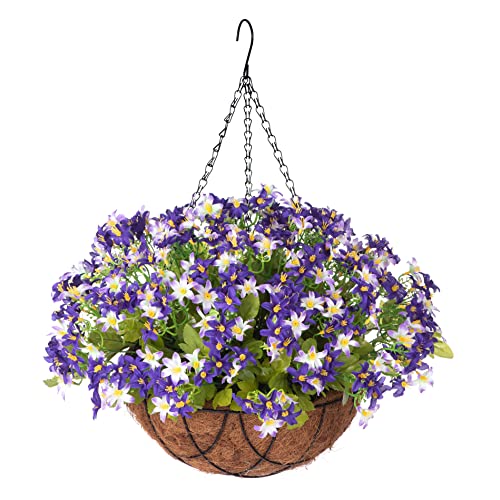 INXUGAO Artificial Flowers with Hanging Basket for Home Courtyard Decoration,6 Branches Silk Daisy FlowersFake Plant Arrangement in12 inch Coconut Lining Basket for Outdoors Indoors Decor(Purple)