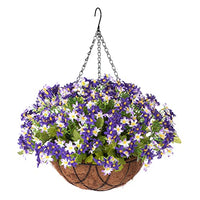 INXUGAO Artificial Flowers with Hanging Basket for Home Courtyard Decoration,6 Branches Silk Daisy FlowersFake Plant Arrangement in12 inch Coconut Lining Basket for Outdoors Indoors Decor(Purple)