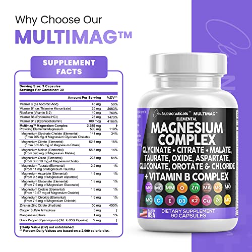 Magnesium Complex 2285mg with Glycinate Citrate Malate Oxide Taurate Aspartate Gluconate Orotate & Mag Chloride, Zinc Copper Manganese Vitamin C B1 B2 B6 B12 - 90 Count Made in USA