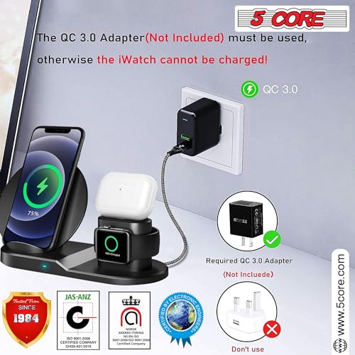 5 Core Wireless Charger, 3 in 1 Qi Wireless Charging Station 10W / 15W, Fast Wireless Charging Pad, Travel Charger for Multiple Devices for Qi Phones, Android, Galaxy S- Series, Watch, Earbuds