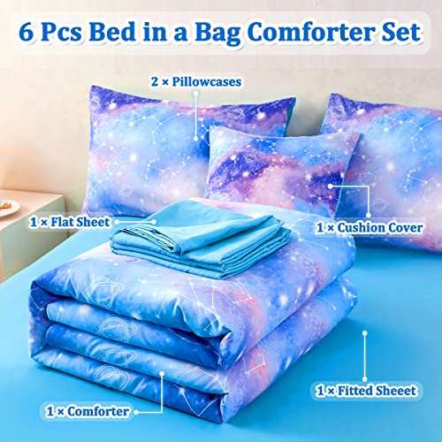 ASKOTU Galaxy Twin Comforter Set for Girls, Tie Dye Blue Purple Ombre 6 Piece Bed in a Bag Kids Bedding Sets with Sheets