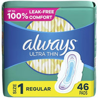 Always Ultra Thin, Feminine Pads For Women, Size 1 Regular Absorbency, With Wings, Unscented, 46 Count