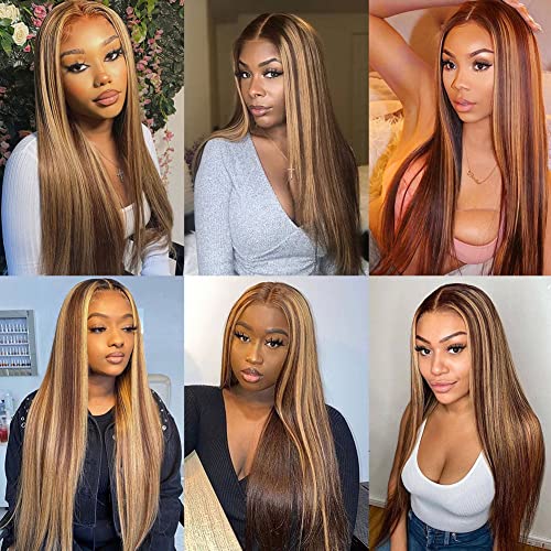 Healthair Highlight 13x4 HD 4/27 Honey Blonde lace frontal Wigs with Baby Hair Ombre Lace Front Wig Human Hair Pre Plucked 180% Density Colored Straight Lace Front Wigs for Black Women 20 Inch