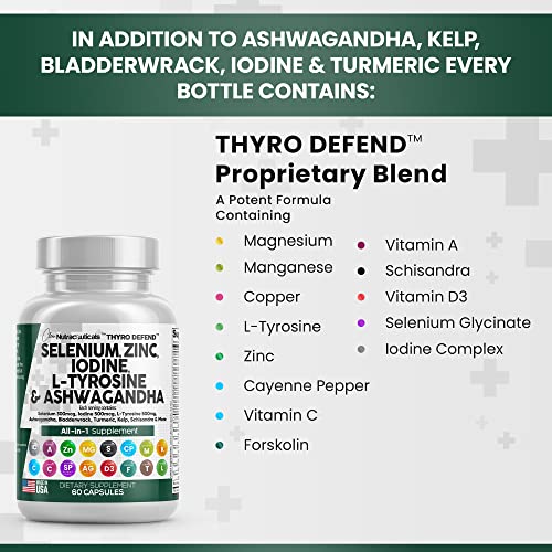 Selenium 300mcg Zinc 50mg Iodine 500mcg L Tyrosine 500mg Ashwagandha 6000mg - Thyroid Support Supplement for Women and Men with Bladderwrack, Turmeric, Kelp, Schisandra - Made in USA 60 Caps