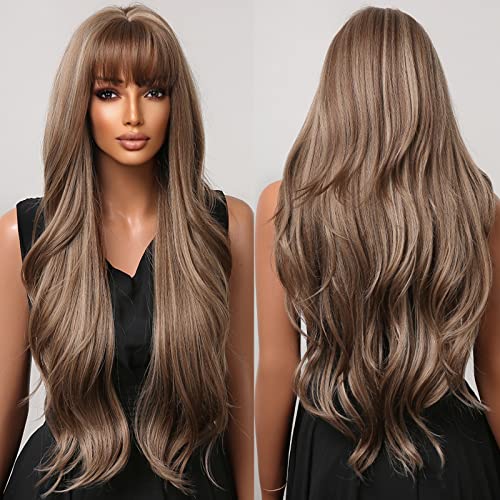 Allbell Brown Wigs for Black Women Long Wavy Ombre Blond Wigs With Bangs Synthetic Wig Hair Repalcement Wigs