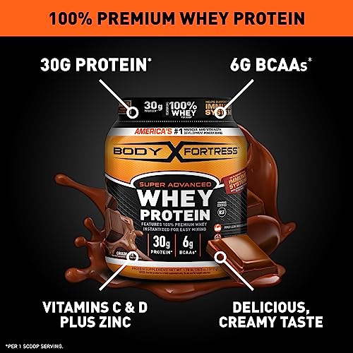 Body Fortress Super Advanced Whey Protein Powder, Chocolate, Immune Support (1), Vitamins C & D Plus Zinc, 1.78 lbs (Packaging May Vary)