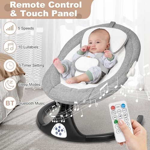 kmaier Electric Baby Swing for Infants, Baby Rocker for Infants with 5 Speeds, 10 Lullabies, Adapter & Battery Operated, Indoor & Outdoor Use, Remote Control, Gray