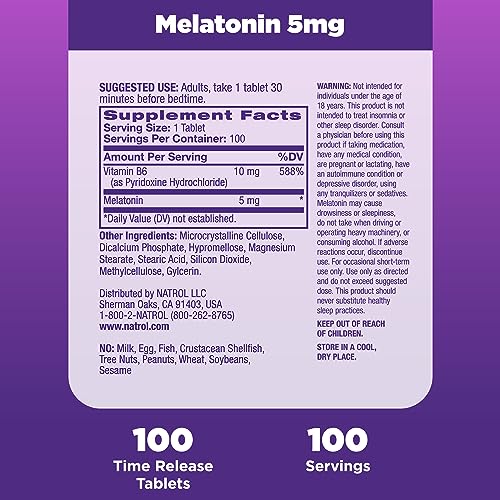 Natrol Time-Release Melatonin 5 mg, Dietary Supplement for Restful Sleep , 100 Tablets, 100 Day Supply