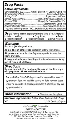 Forces of Nature Natural and Organic Cold Maximum Strength 10ml Non Drowsy Non Addictive Non GMO Relief Chills Body Aches Congestion, White, 0.34 Fl Oz