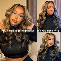 Geeta FB/27 Balayage Highlight Lace Front Wig Human Hair Pre Plucked 13x4 HD Lace Ombre Body Wave Wig 180 Percent Density Glusless Wigs Human Hair for Women 18 Inch…