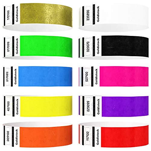 Heavier Tyvek Wristbands 7.5 Mil– Goldistock “Top 10” 500 Ct. Variety Pack- ¾” Arm Bands- 50 Each: Green, Blue, Red, Yellow, Orange, Purple, Etc.- Paper-Like Party Armbands- Event Wrist Bands