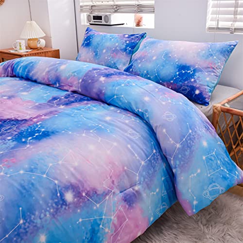 Holawakaka Tie Dye Constellation Print Ombre Comforter Set Twin Size Girls Boys Gradient Galaxy Bedding Set (Blue Purple, Twin)