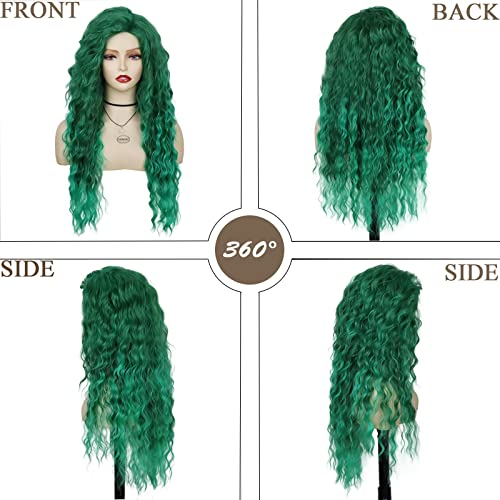 GNIMEGIL 26 Inch Long Curly Wavy Green Wig Natural Ombre Fluffy Synthetic Hair Replacement Wig with Free Part Hairline for Costume Cosplay Halloween Party Suitable for White Women