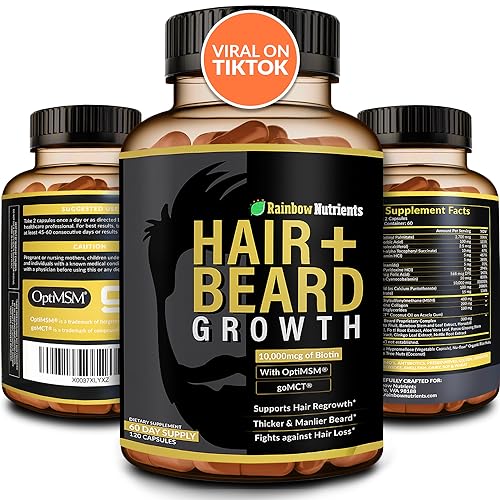 Rainbow Nutrients, LLC Hair + Beard Growth Vitamins for Men | Biotin 10,000mcg, Patented OptiMSM®, goMCT®, Saw Palmetto, Collagen | 60 Day Supply | Naturally Regrow Stronger, Thicker, Healthier Hair