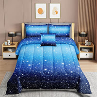 ROWADALO 5 Pieces Blue Gradient Glitter Sparkles Comforter Set Twin Size Galaxy Starry Sky Bedding Sets 5 Pcs Bed In A Bag for Kids Teen Girls Ultra Soft All-Season Girls Comforter Set,DJT-GB5002-Twin