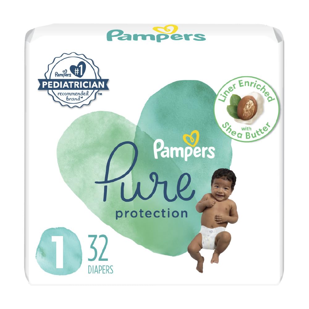 Pampers Pure Protection Diapers - Size 1, 32 Count, Hypoallergenic Premium Disposable Baby Diapers