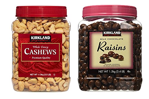 Kirkland Signature Cashews and Milk Chocolate Raisin Bundle - Includes Kirkland Signature Whole Fancy Cashews (2.5 LB) and Milk Chocolate Raisin (3.4 LB)